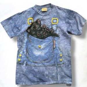 Y2K Blue Tie Dye Kitten In Overalls Vintage Graphic Kayomi Cotton Cute T-shirt M
